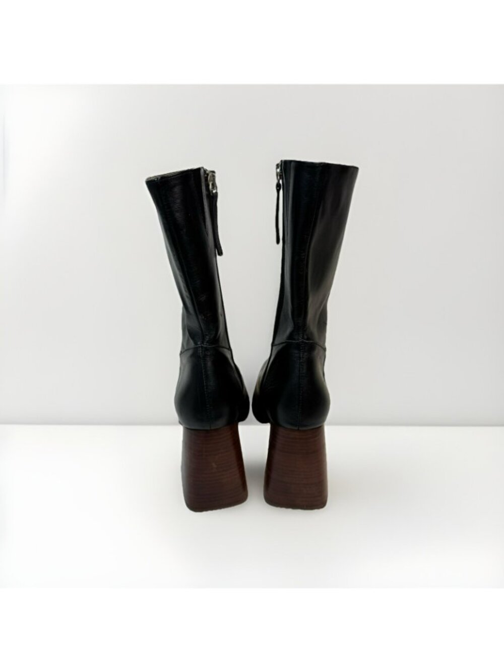 Ana Palma Mid Calf Leather Boots Black Block Heel Square Toe 90s Size 38 US 7 - Picture 5 of 12